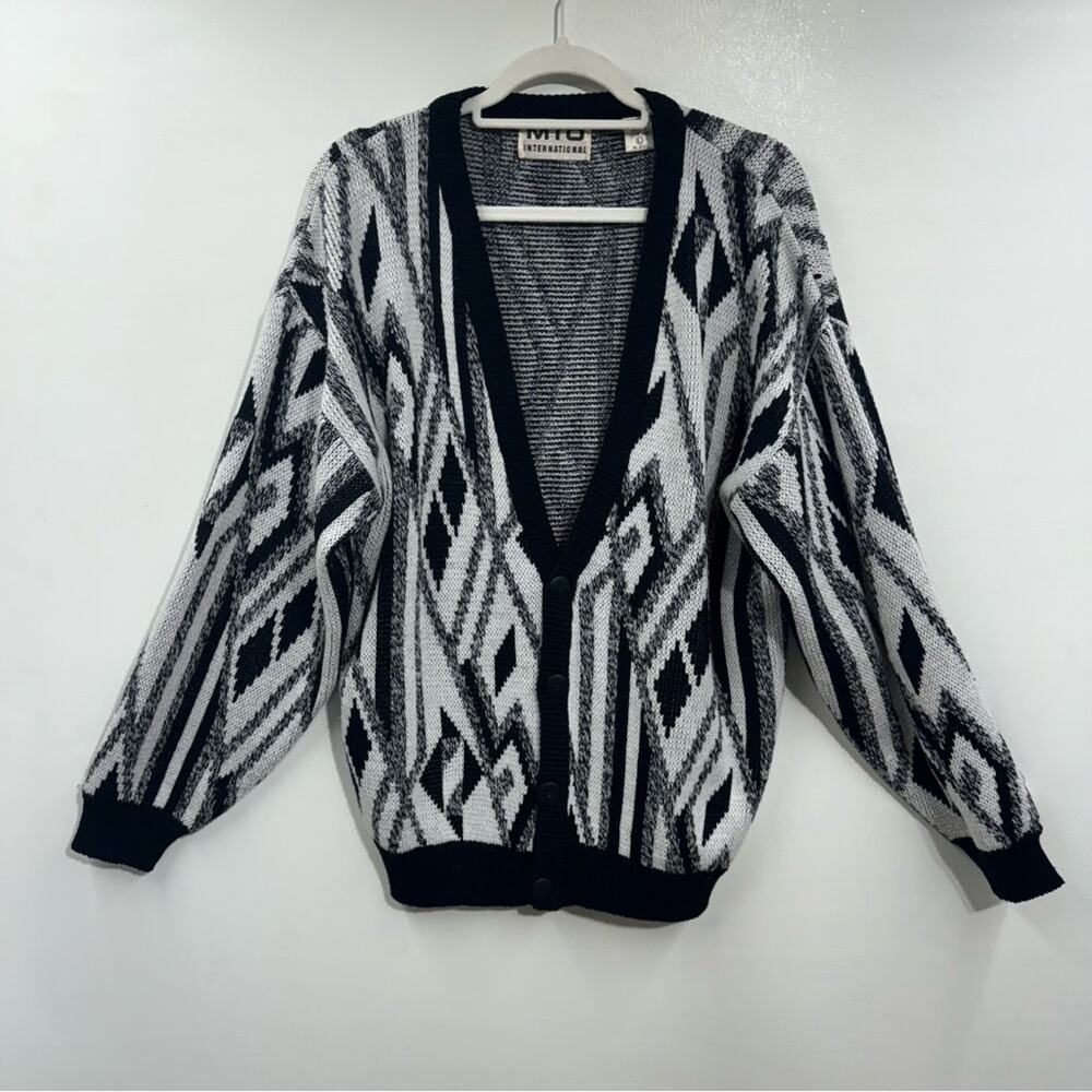 MTO International Vintage‎ Cardigan Sweater Black Geometric Grandpa Knit Size L
